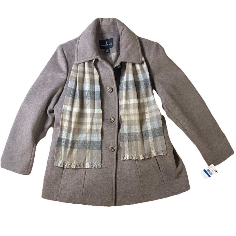 London Fog Women's Taupe Mid-Length Coat XL Button Front Plaid Scarf Lined